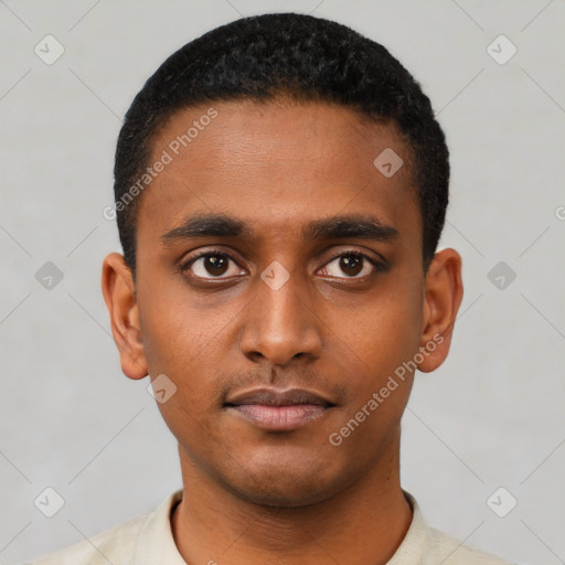 Neutral black young-adult male with short  black hair and brown eyes