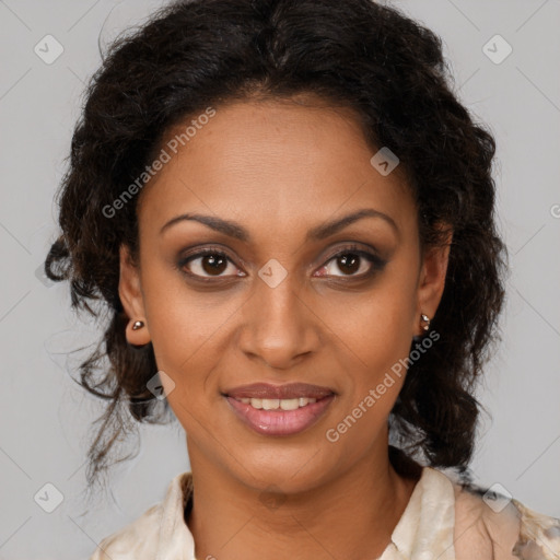 Joyful black young-adult female with medium  brown hair and brown eyes