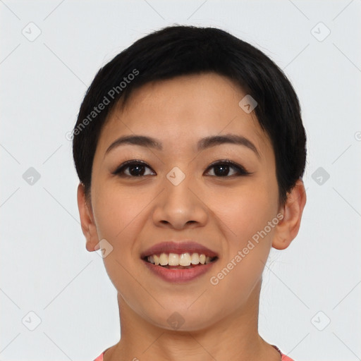 Joyful asian young-adult female with short  black hair and brown eyes