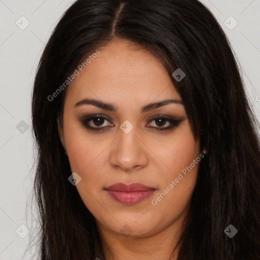 Joyful latino young-adult female with long  brown hair and brown eyes