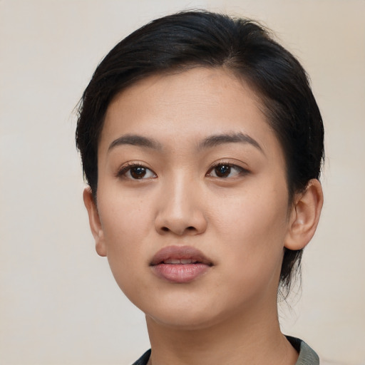 Neutral latino young-adult female with medium  black hair and brown eyes