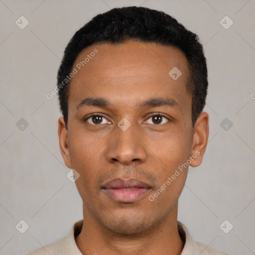 Neutral latino young-adult male with short  black hair and brown eyes