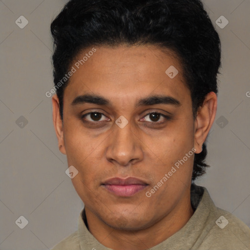 Neutral latino young-adult male with short  black hair and brown eyes