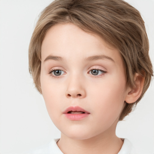 Neutral white child female with medium  brown hair and grey eyes