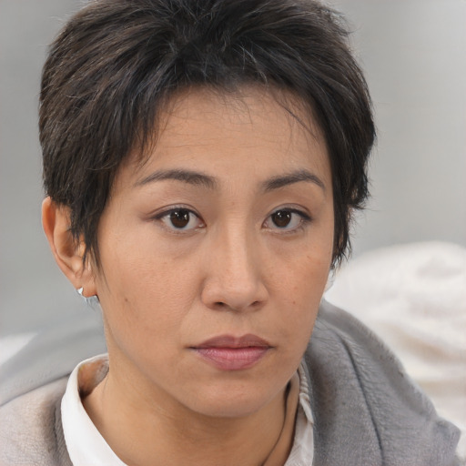 Neutral white young-adult female with short  brown hair and brown eyes