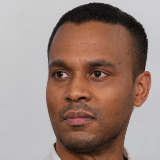 Neutral black young-adult male with short  black hair and brown eyes