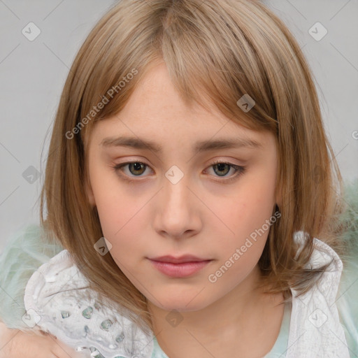 Neutral white child female with medium  brown hair and blue eyes