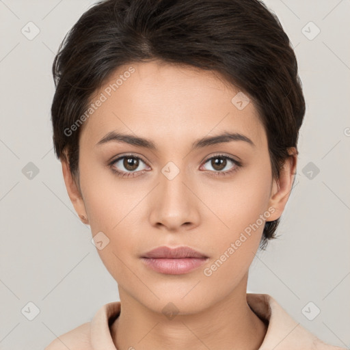 Neutral white young-adult female with short  brown hair and brown eyes