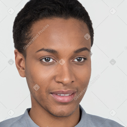 Joyful black young-adult male with short  brown hair and brown eyes