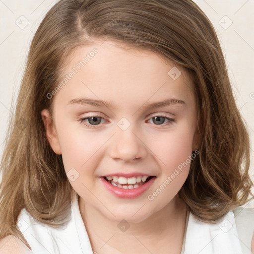 Joyful white child female with medium  brown hair and brown eyes