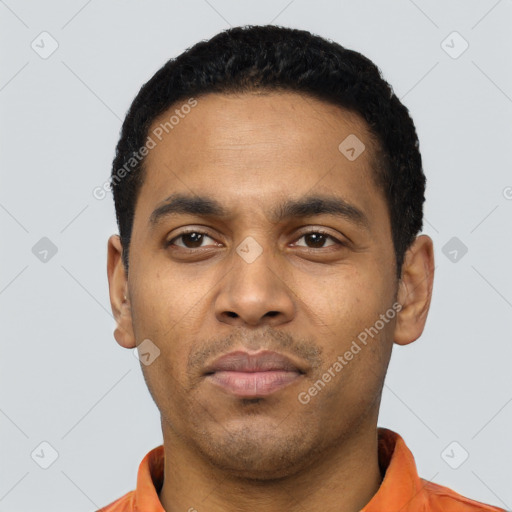 Neutral latino young-adult male with short  black hair and brown eyes