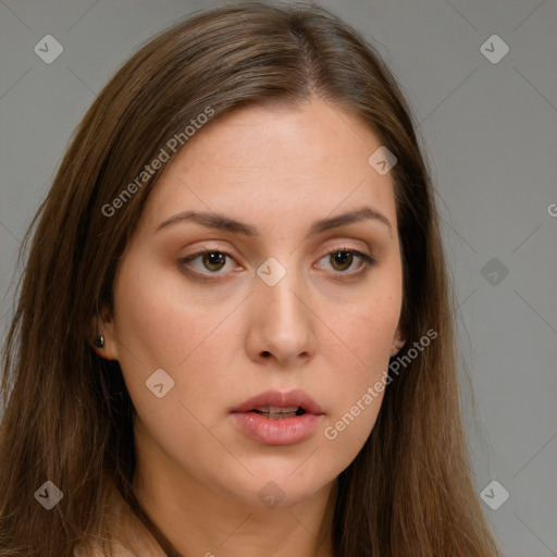 Neutral white young-adult female with long  brown hair and brown eyes