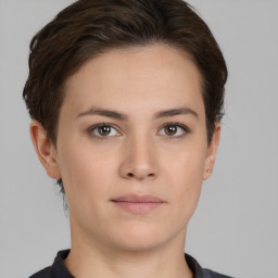 Neutral white young-adult female with short  brown hair and brown eyes