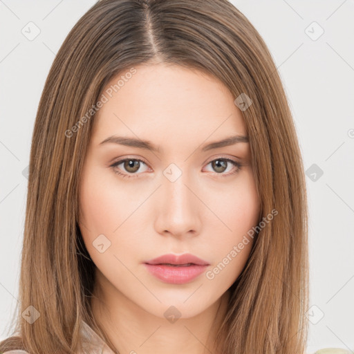 Neutral white young-adult female with long  brown hair and brown eyes