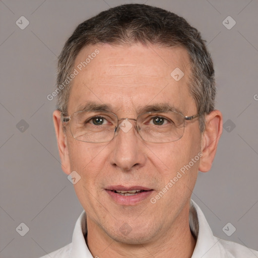 Joyful white middle-aged male with short  brown hair and brown eyes