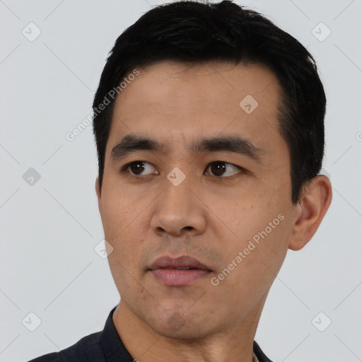 Neutral asian young-adult male with short  black hair and brown eyes