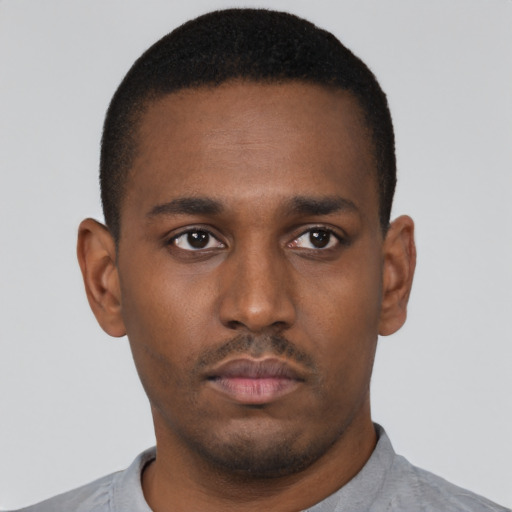 Neutral black young-adult male with short  black hair and brown eyes