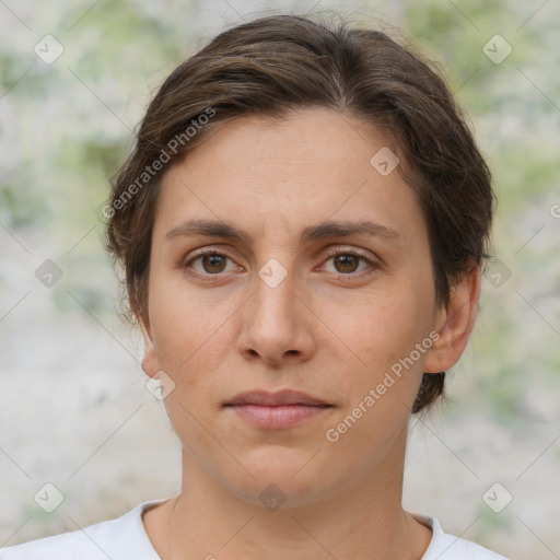 Neutral white young-adult female with short  brown hair and brown eyes