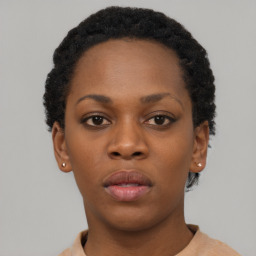 Neutral black young-adult female with short  black hair and brown eyes