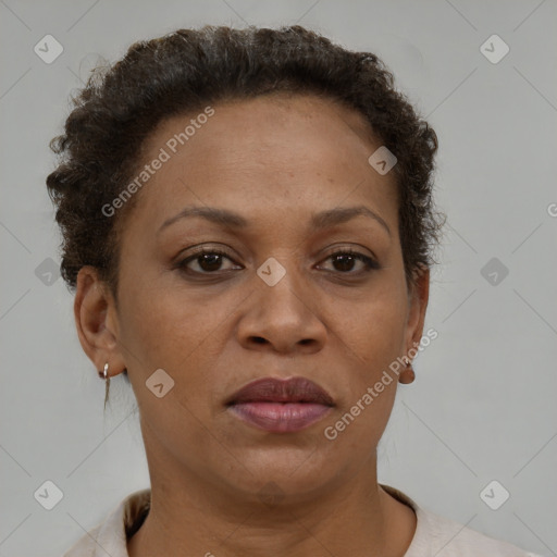 Joyful black adult female with short  brown hair and brown eyes