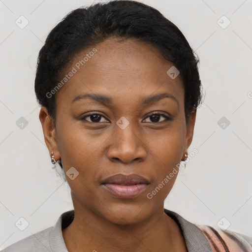 Neutral black young-adult female with short  black hair and brown eyes