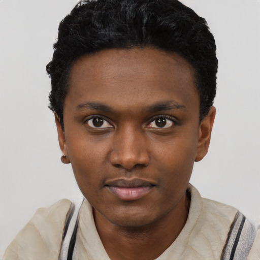 Neutral black young-adult male with short  black hair and brown eyes