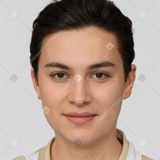 Joyful white young-adult female with short  brown hair and brown eyes