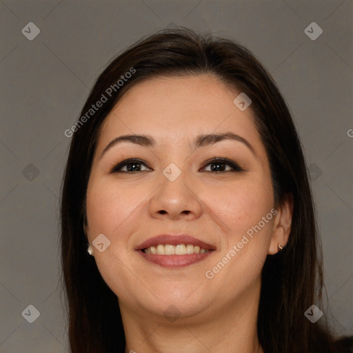 Joyful white young-adult female with medium  brown hair and brown eyes