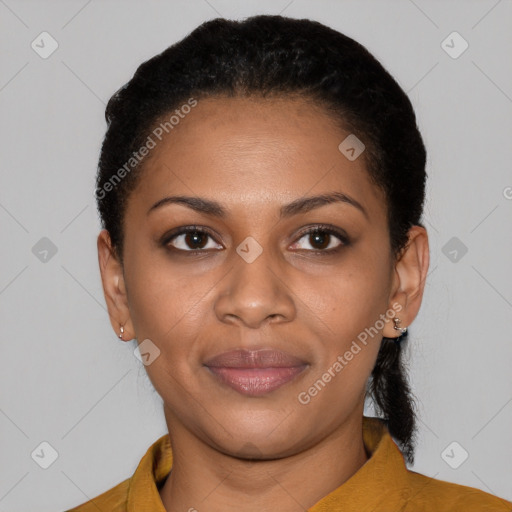 Joyful latino young-adult female with short  black hair and brown eyes