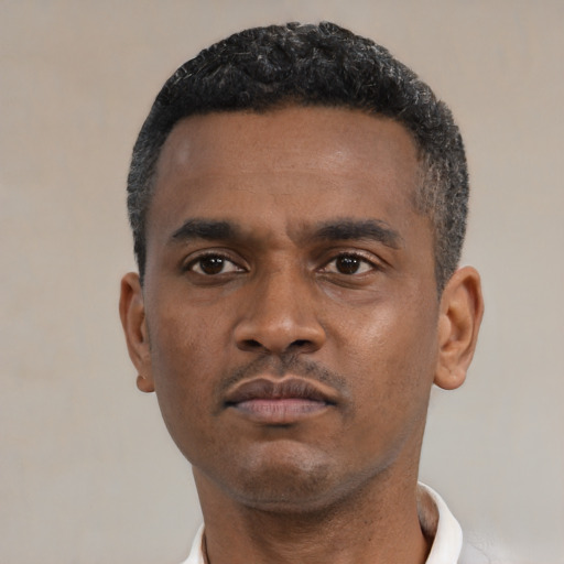 Neutral black young-adult male with short  black hair and brown eyes