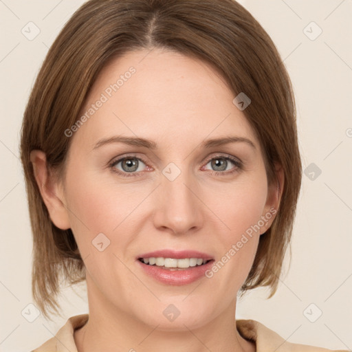 Joyful white young-adult female with medium  brown hair and grey eyes