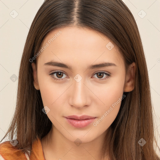 Neutral white young-adult female with long  brown hair and brown eyes