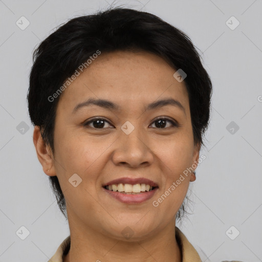 Joyful asian young-adult female with short  black hair and brown eyes