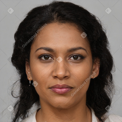 Joyful black young-adult female with medium  brown hair and brown eyes