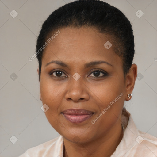 Joyful black adult female with short  brown hair and brown eyes