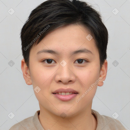 Joyful asian young-adult female with short  brown hair and brown eyes