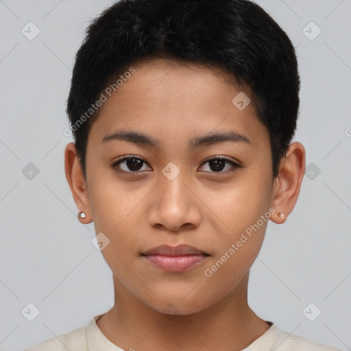 Neutral asian young-adult female with short  black hair and brown eyes