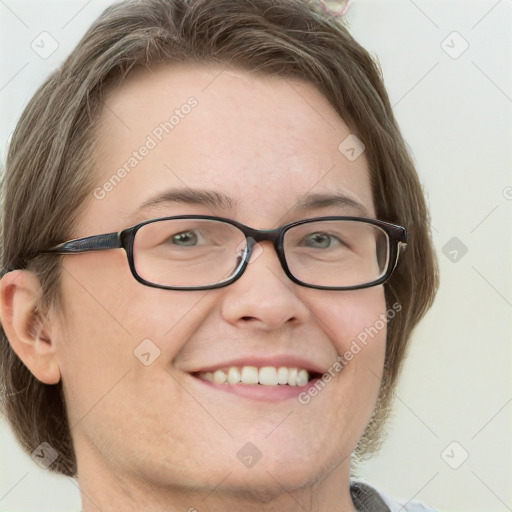 Joyful white adult female with long  brown hair and blue eyes