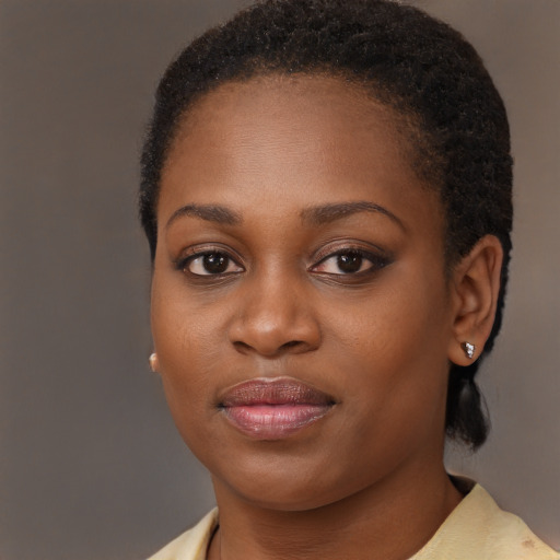 Joyful black young-adult female with short  brown hair and brown eyes