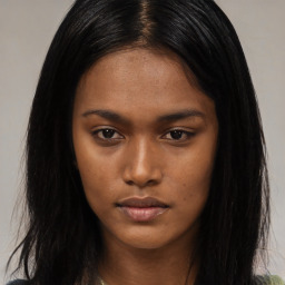 Neutral asian young-adult female with long  brown hair and brown eyes