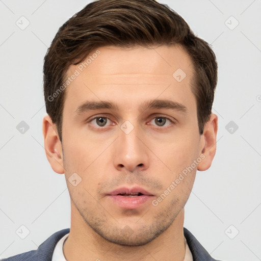 Neutral white young-adult male with short  brown hair and brown eyes