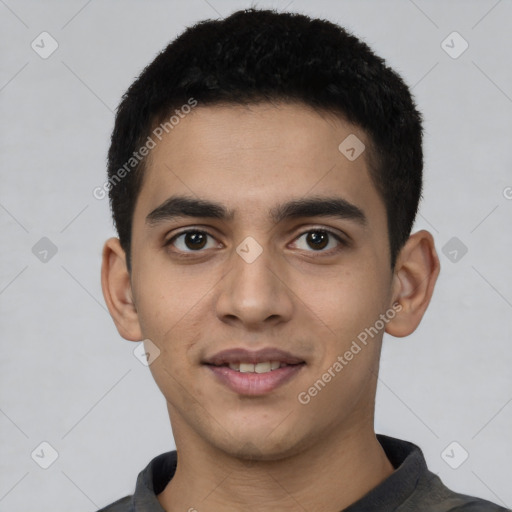 Joyful latino young-adult male with short  black hair and brown eyes