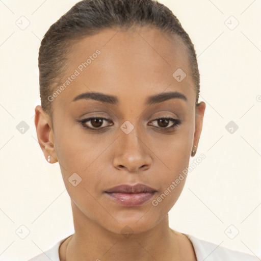 Neutral white young-adult female with short  brown hair and brown eyes