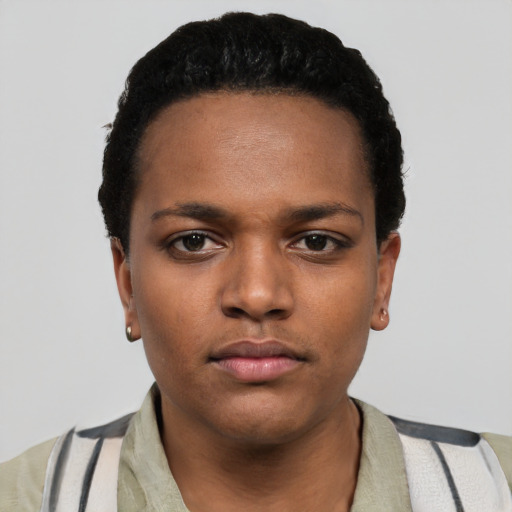 Neutral black young-adult female with short  black hair and brown eyes
