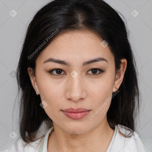 Neutral asian young-adult female with medium  brown hair and brown eyes