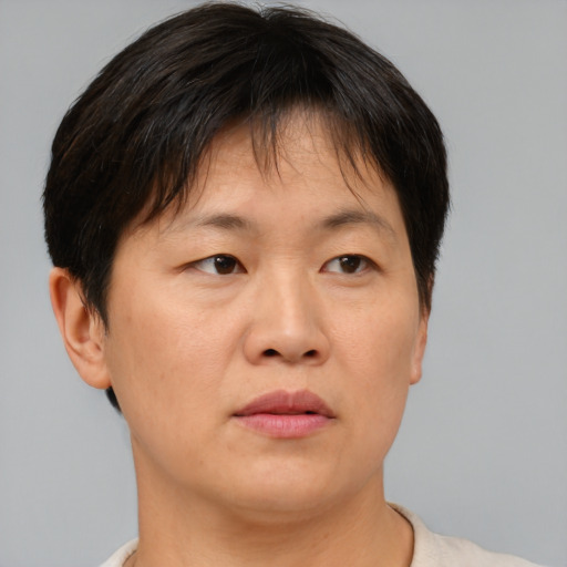 Neutral asian adult female with short  brown hair and brown eyes