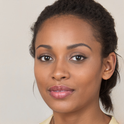 Joyful black young-adult female with long  brown hair and brown eyes