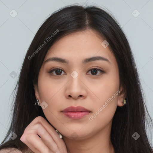 Neutral white young-adult female with long  brown hair and brown eyes