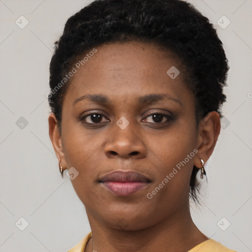 Neutral black young-adult female with short  black hair and brown eyes