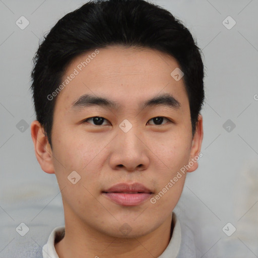 Neutral asian young-adult male with short  black hair and brown eyes